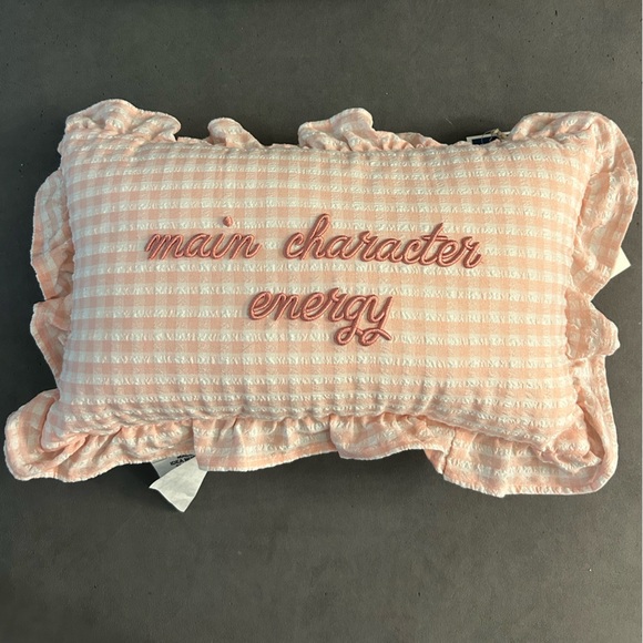 Pink “Main Character Energy” Gingham Pillow with Ruffle Edges — NWT! - Picture 1 of 2